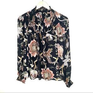 NWT Maison d’ Amelie Black with brown flowers mock neck blouse top shirt small S